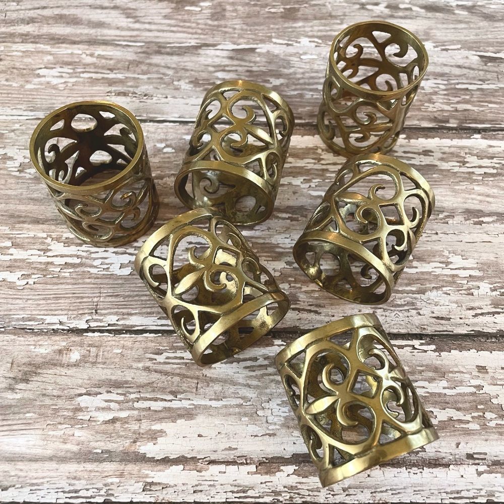Set of 6 Brass Napkin Rings, Open Filagree Swirl Design, Rich Natural Pa…